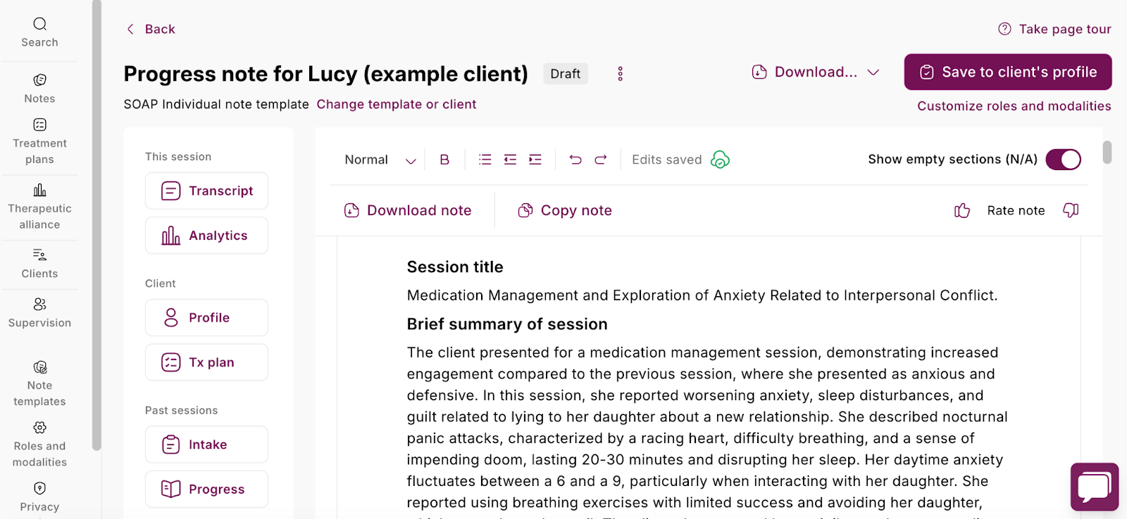 mentalnyc progress note with session title and brief summary