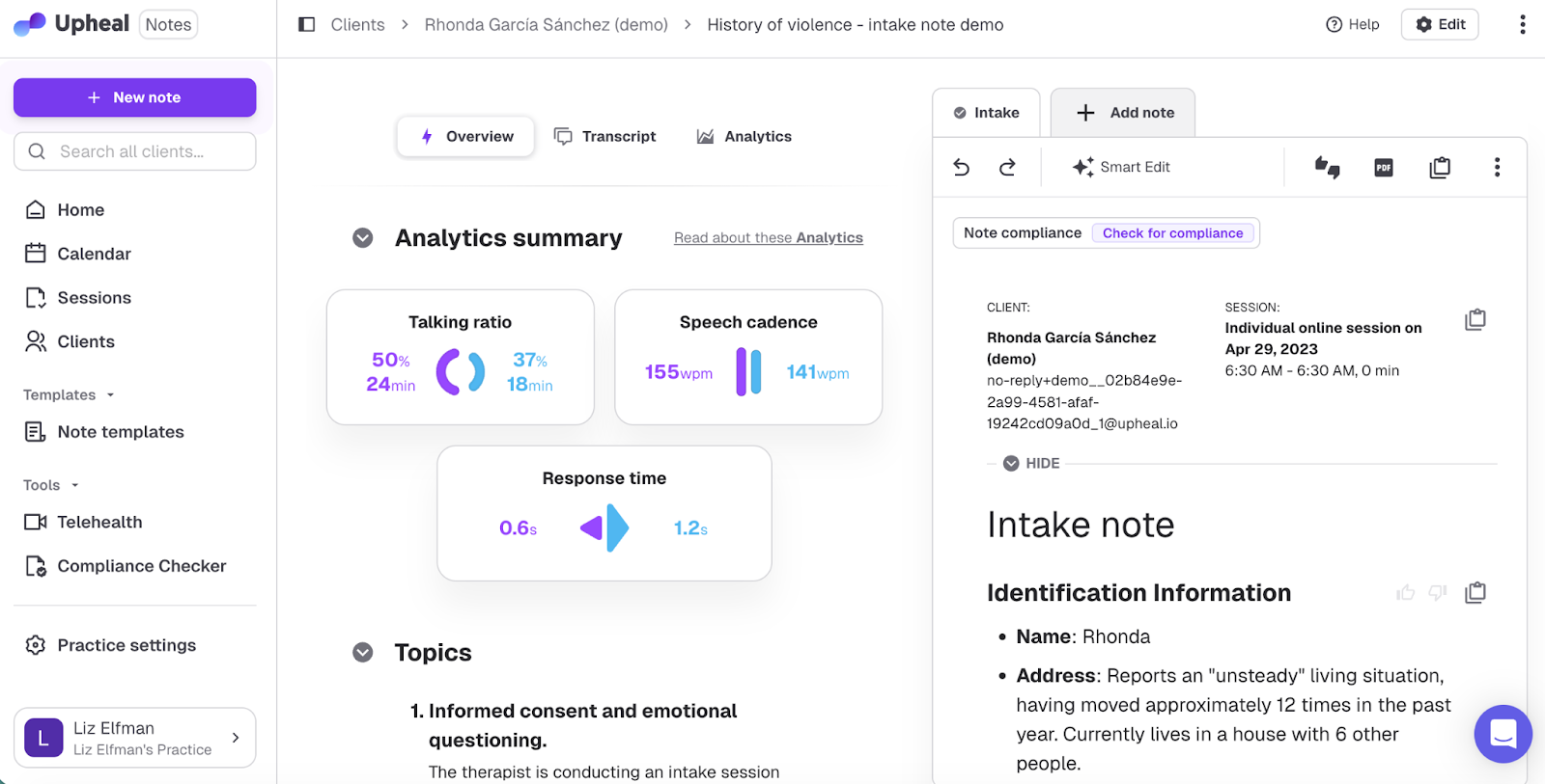 upheal analytics summary and intake note