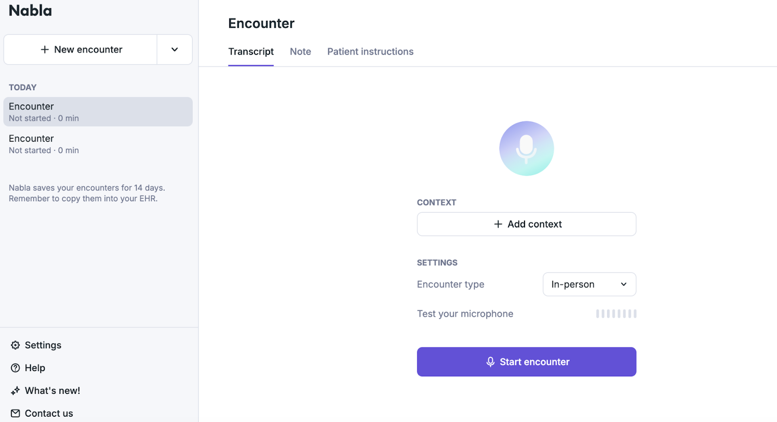 nabla encounter where you can add context an encounter type