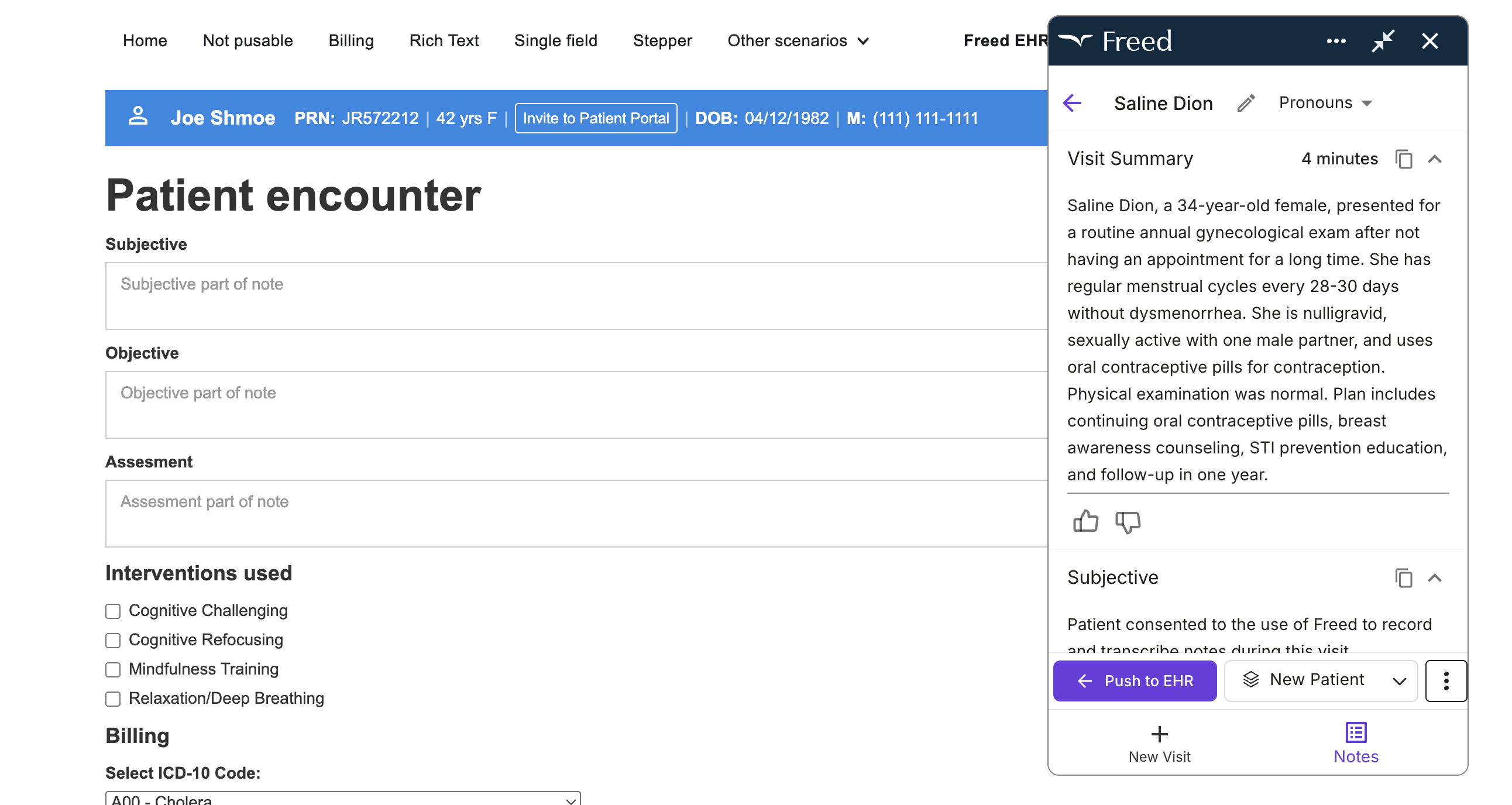 Freed Chrome extension sitting on top of an EHR, with visit summary, full note, and push to ehr button