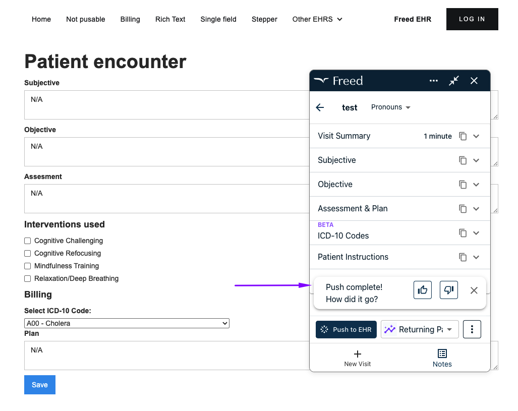 Click Push to EHR to map your note to the right fields in DrChrono