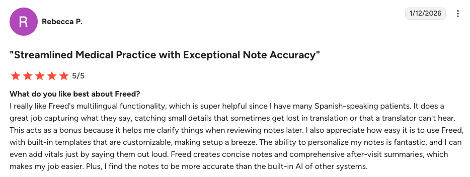 Freed G2 Review, 5/5 stars with streamlined medical practice with exceptional note accuracy