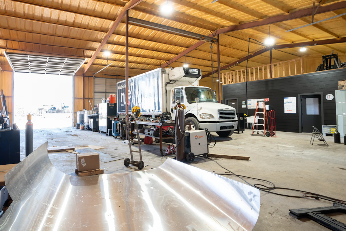 reefer truck in a repair bay