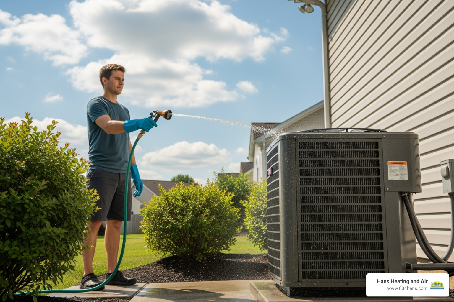 image of a person safely spraying an outdoor condenser unit with a hose - ac coil cleaning