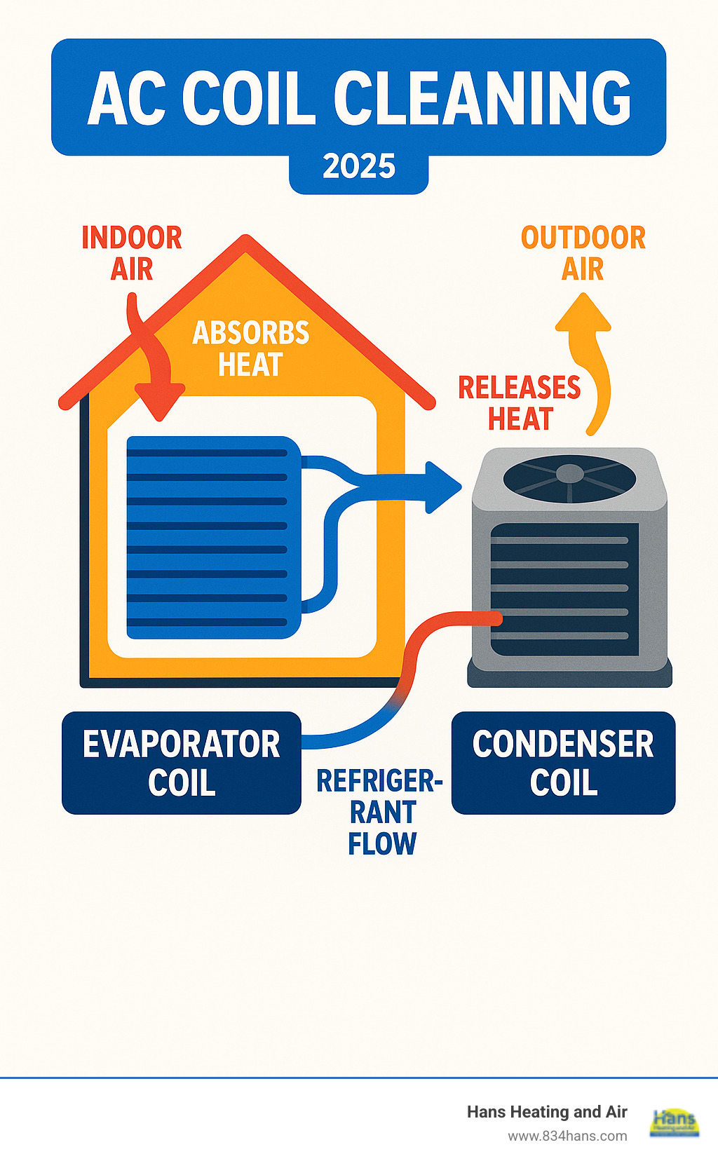 Infographic showing AC system components with evaporator coil inside the home absorbing heat from indoor air, and condenser coil outside releasing heat to outdoor air, including arrows showing refrigerant flow and heat exchange process - ac coil cleaning infographic 