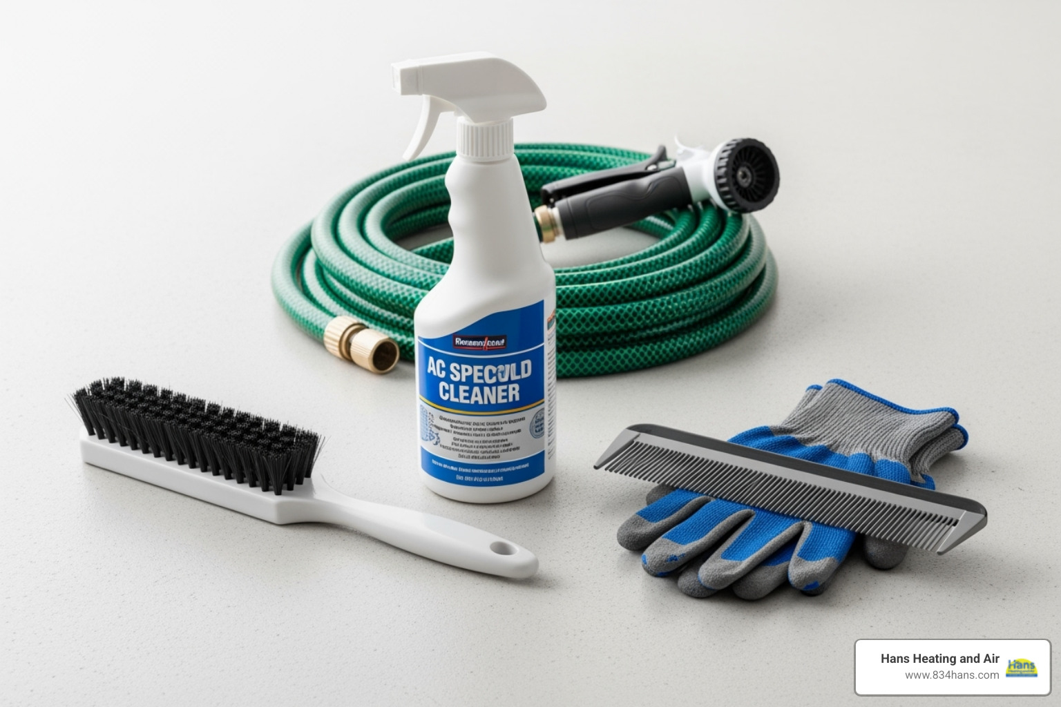 image of necessary supplies like a soft brush, coil cleaner, fin comb, gloves, and a garden hose - ac coil cleaning