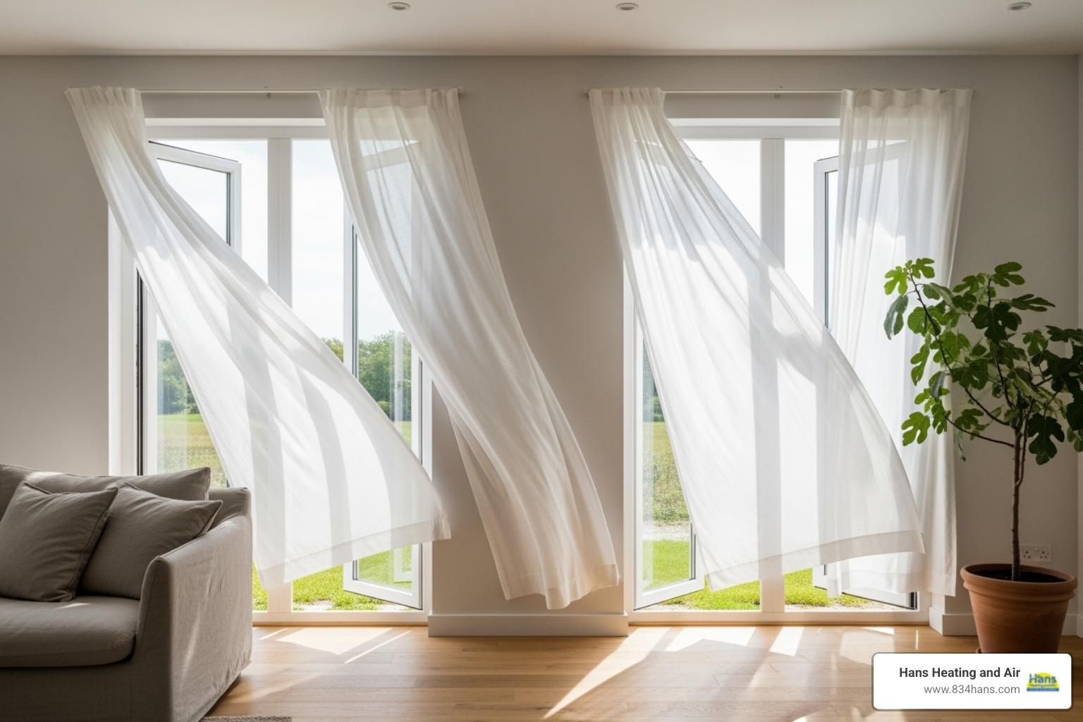 An image of a bright, airy living room with large windows open, showing a gentle cross-breeze flowing through sheer curtains, emphasizing natural ventilation. - improve indoor air quality