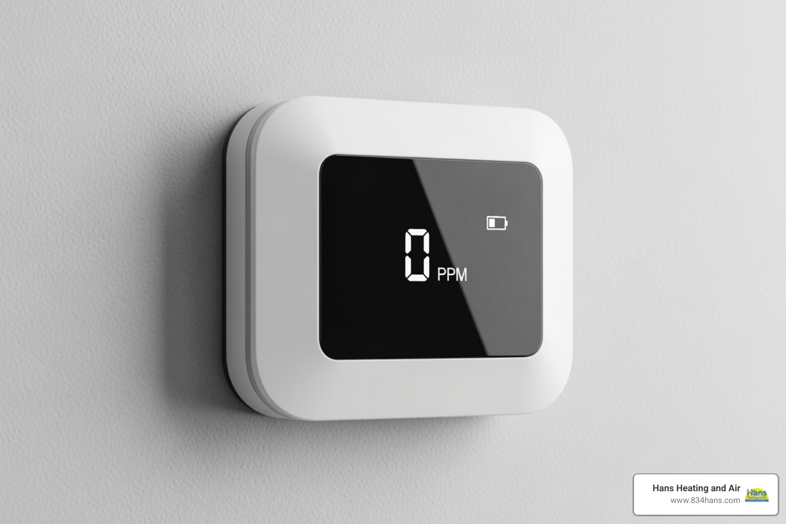A sleek, modern carbon monoxide detector installed on a light-colored wall, with a digital display showing "0 PPM" and a battery indicator, emphasizing safety and peace of mind. - improve indoor air quality