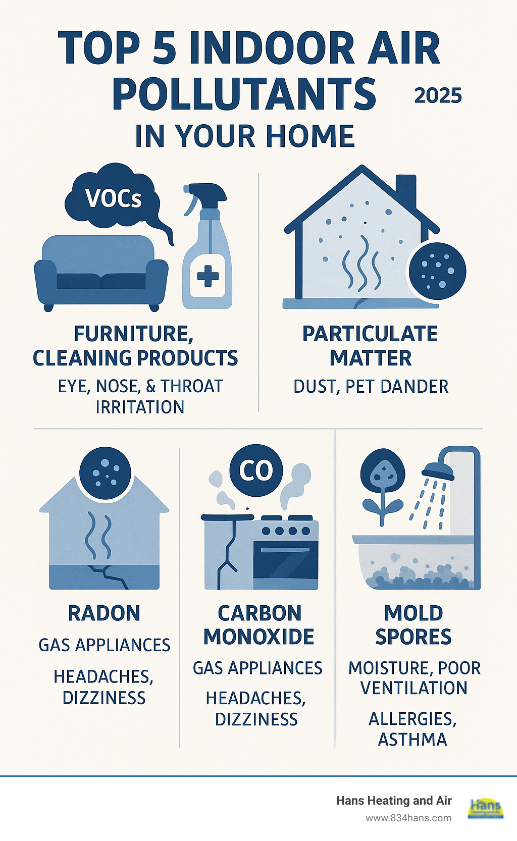 Comprehensive infographic showing the top 5 indoor air pollutants in a typical home: VOCs from furniture and cleaning products in living room, particulate matter from dust and pet dander throughout house, radon gas entering through basement foundation cracks, carbon monoxide from gas appliances in kitchen, and mold spores in bathroom with poor ventilation, with simple icons and brief health impact descriptions for each - improve indoor air quality infographic 