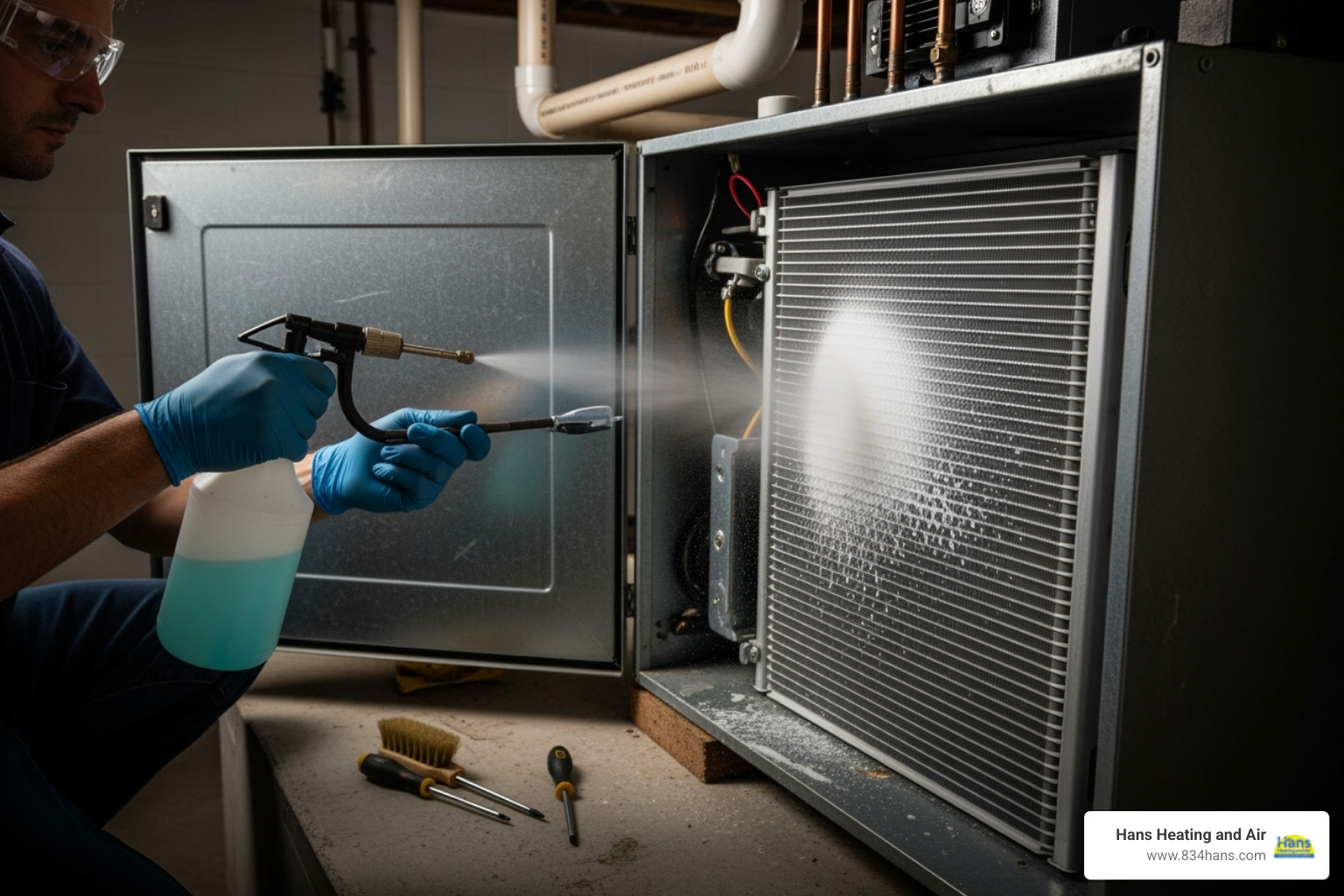 Person safely spraying evaporator coil - Evaporator coil cleaning