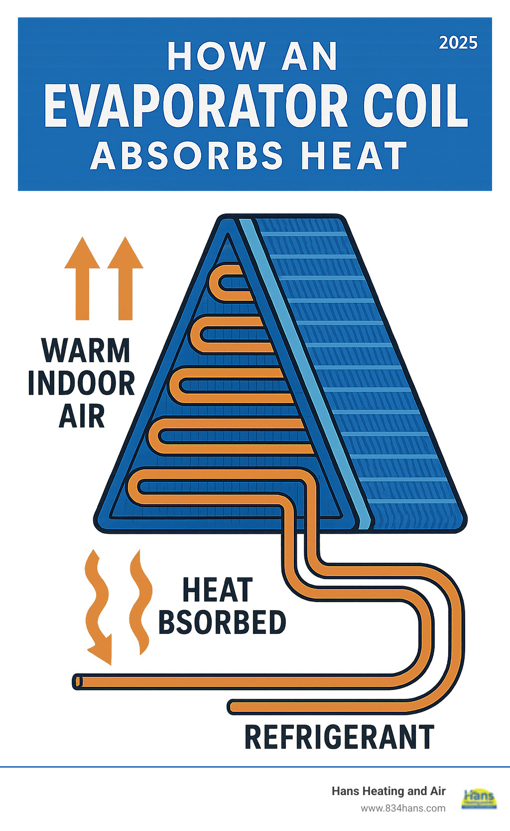 Detailed infographic showing how an evaporator coil absorbs heat from warm indoor air as refrigerant flows through copper tubing, with arrows indicating air flow and heat transfer process - Evaporator coil cleaning infographic 