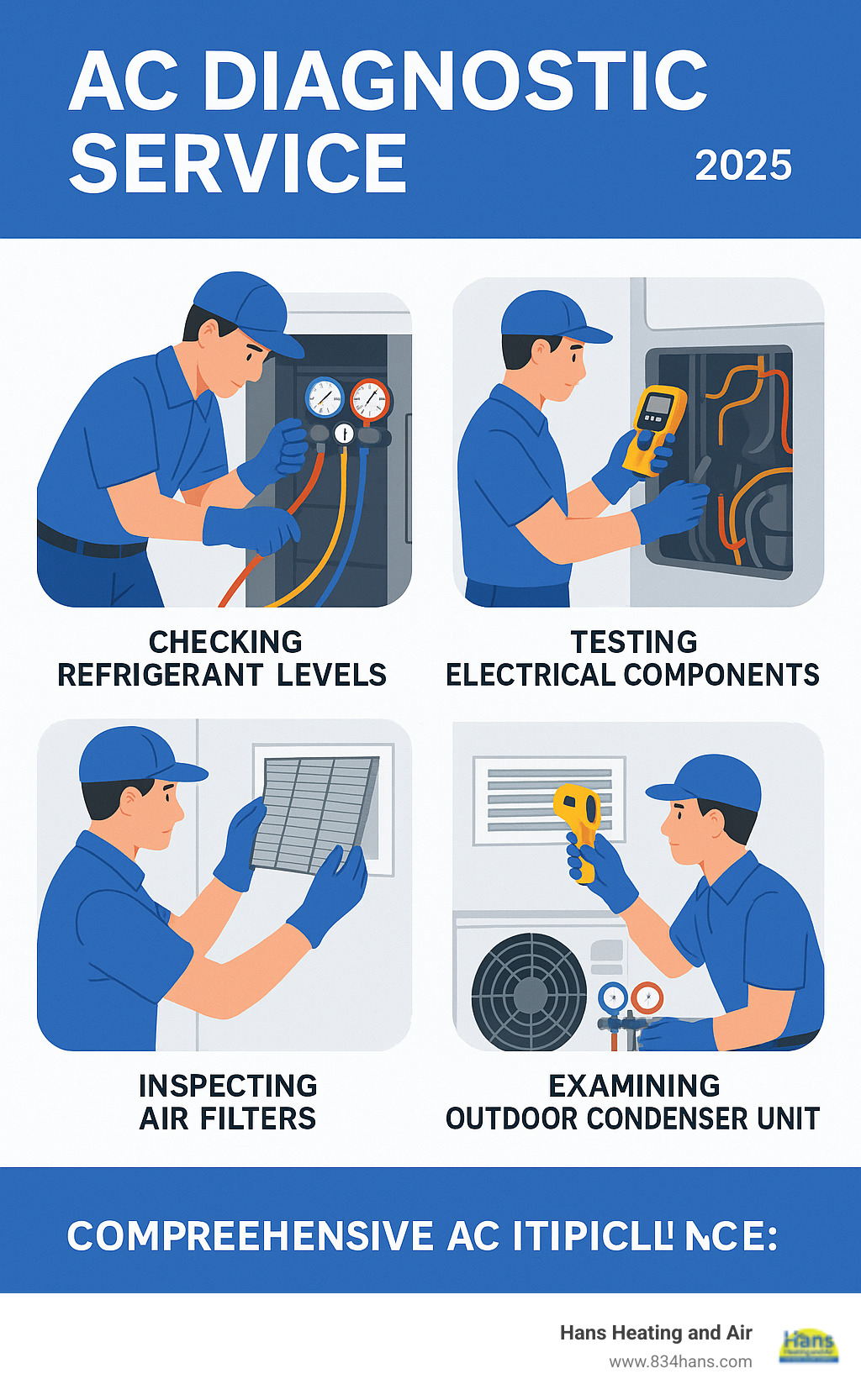 Comprehensive AC diagnostic process showing technician checking refrigerant levels, testing electrical components, inspecting air filters, measuring vent temperatures, and examining outdoor condenser unit with diagnostic equipment - AC diagnostic service infographic Comprehensive AC diagnostic process showing technician checking refrigerant levels, testing electrical components, inspecting air filters, measuring vent temperatures, and examining outdoor condenser unit with diagnostic equipment - AC diagnostic service infographic