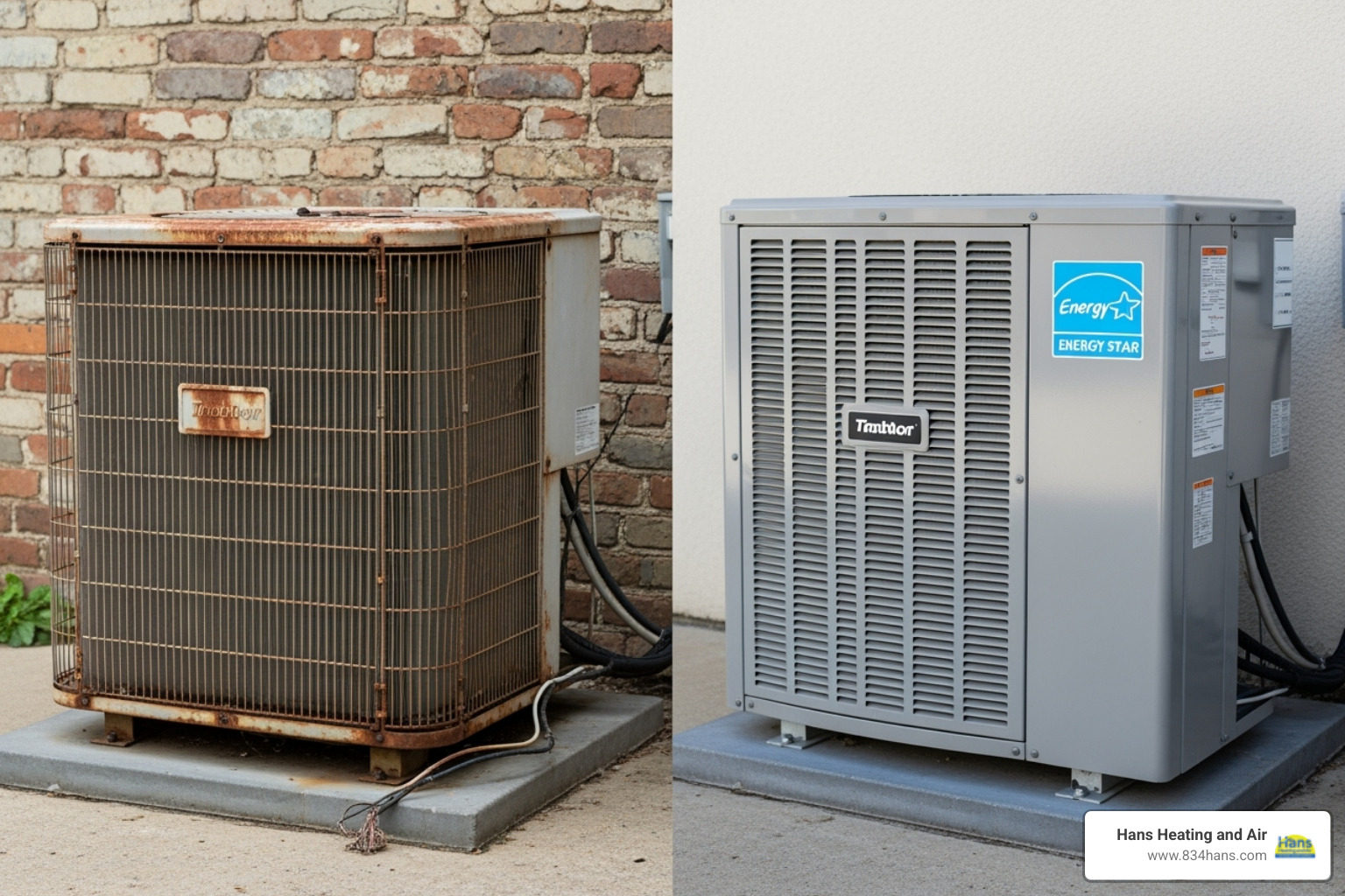 Comparison of an old, rusty AC unit needing repair next to a shiny, new, energy-efficient model - AC diagnostic service Comparison of an old, rusty AC unit needing repair next to a shiny, new, energy-efficient model - AC diagnostic service