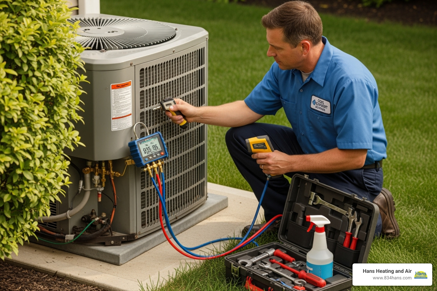 Technician using specialized tools to perform an AC diagnostic service on an outdoor unit - AC diagnostic service Technician using specialized tools to perform an AC diagnostic service on an outdoor unit - AC diagnostic service