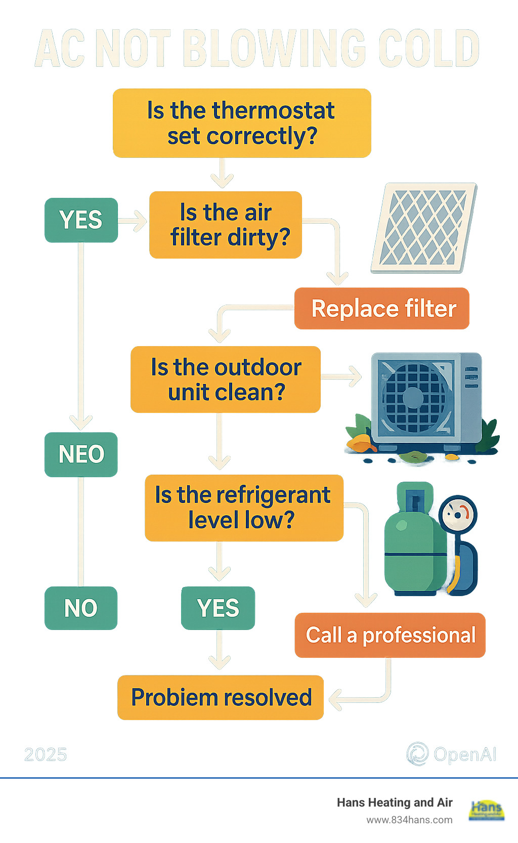 Comprehensive troubleshooting flowchart showing step-by-step diagnostic process for AC not blowing cold air, including thermostat checks, filter inspection, outdoor unit cleaning, refrigerant level assessment, and when to call professionals - AC not blowing cold infographic 