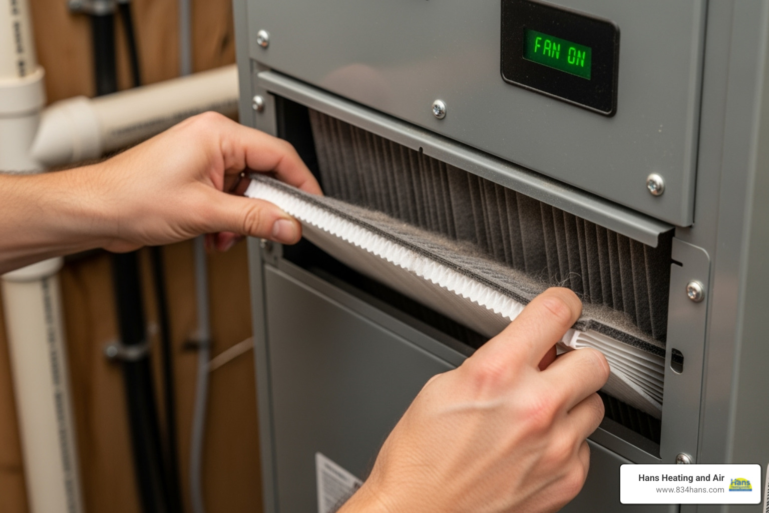 a person changing a furnace air filter - furnace blowing cold air