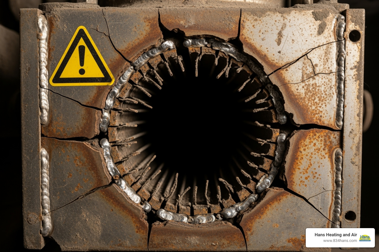 cracked heat exchanger with a warning symbol - furnace blowing cold air