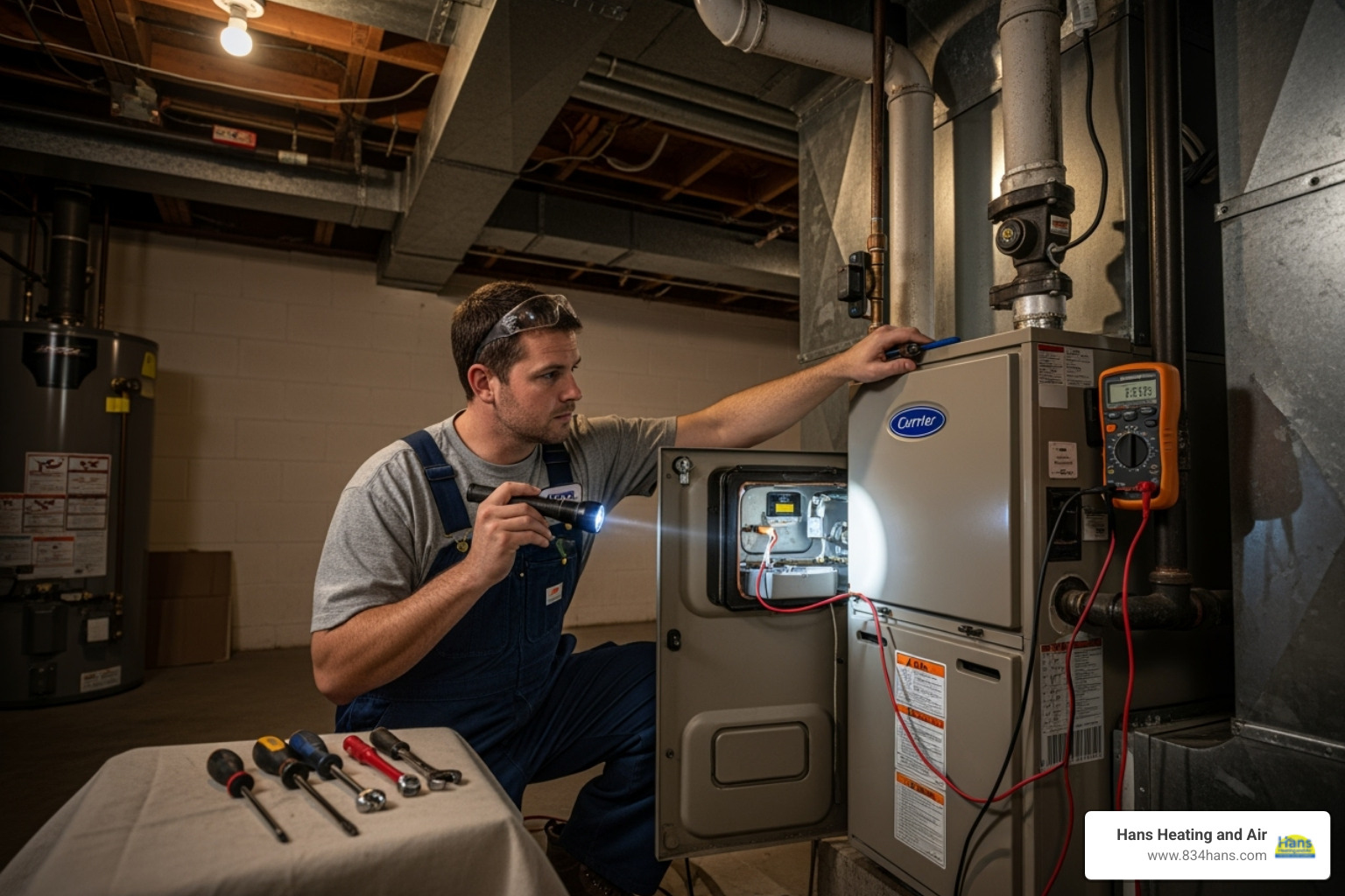 professional HVAC technician inspecting a furnace - heater blowing cold air