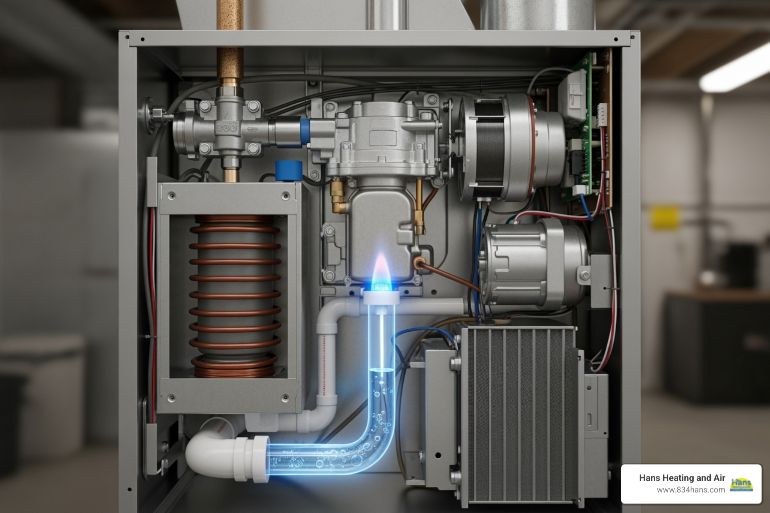 furnace's internal components with labels for the pilot light and condensate line - heater blowing cold air