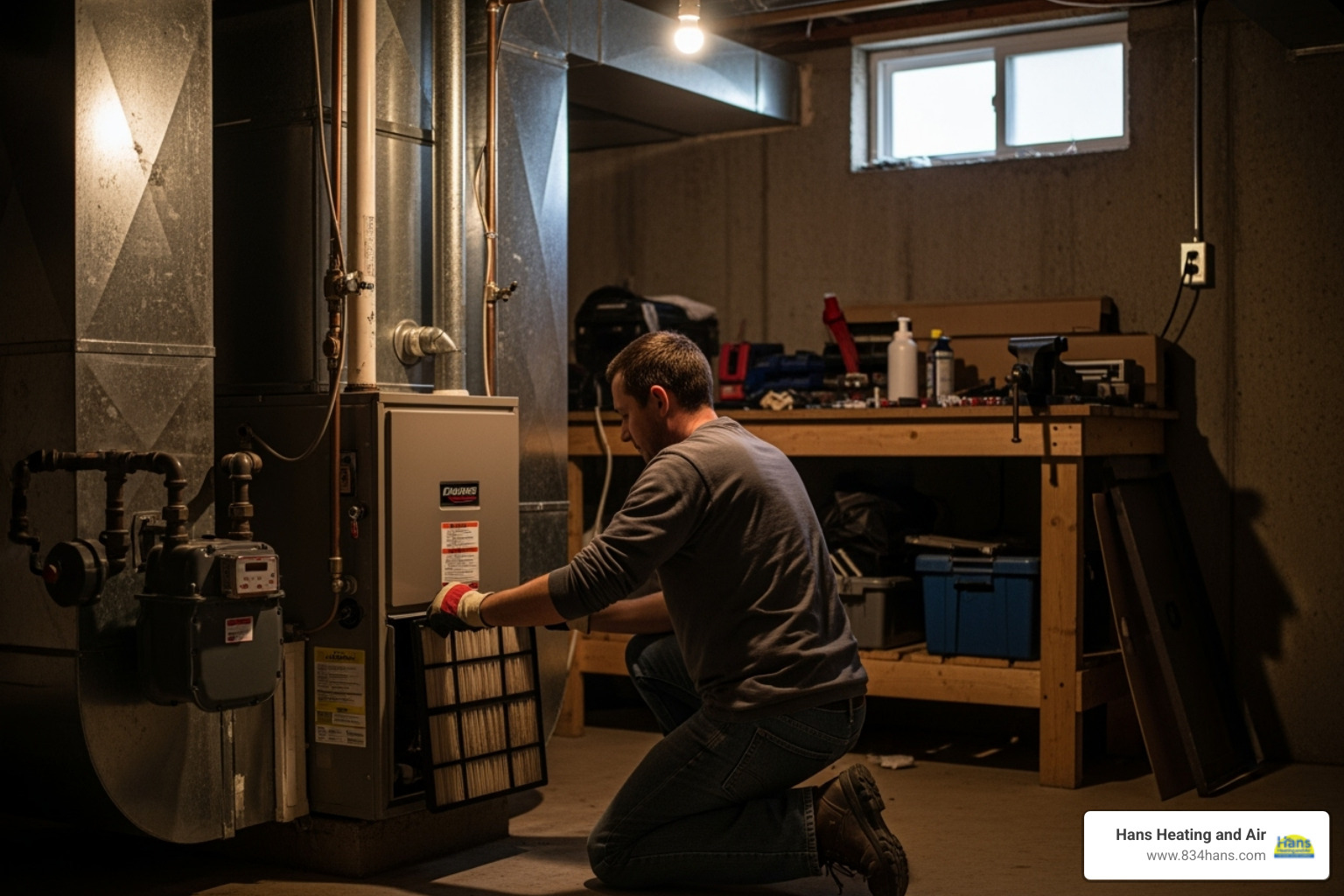 person changing a furnace air filter - heater blowing cold air