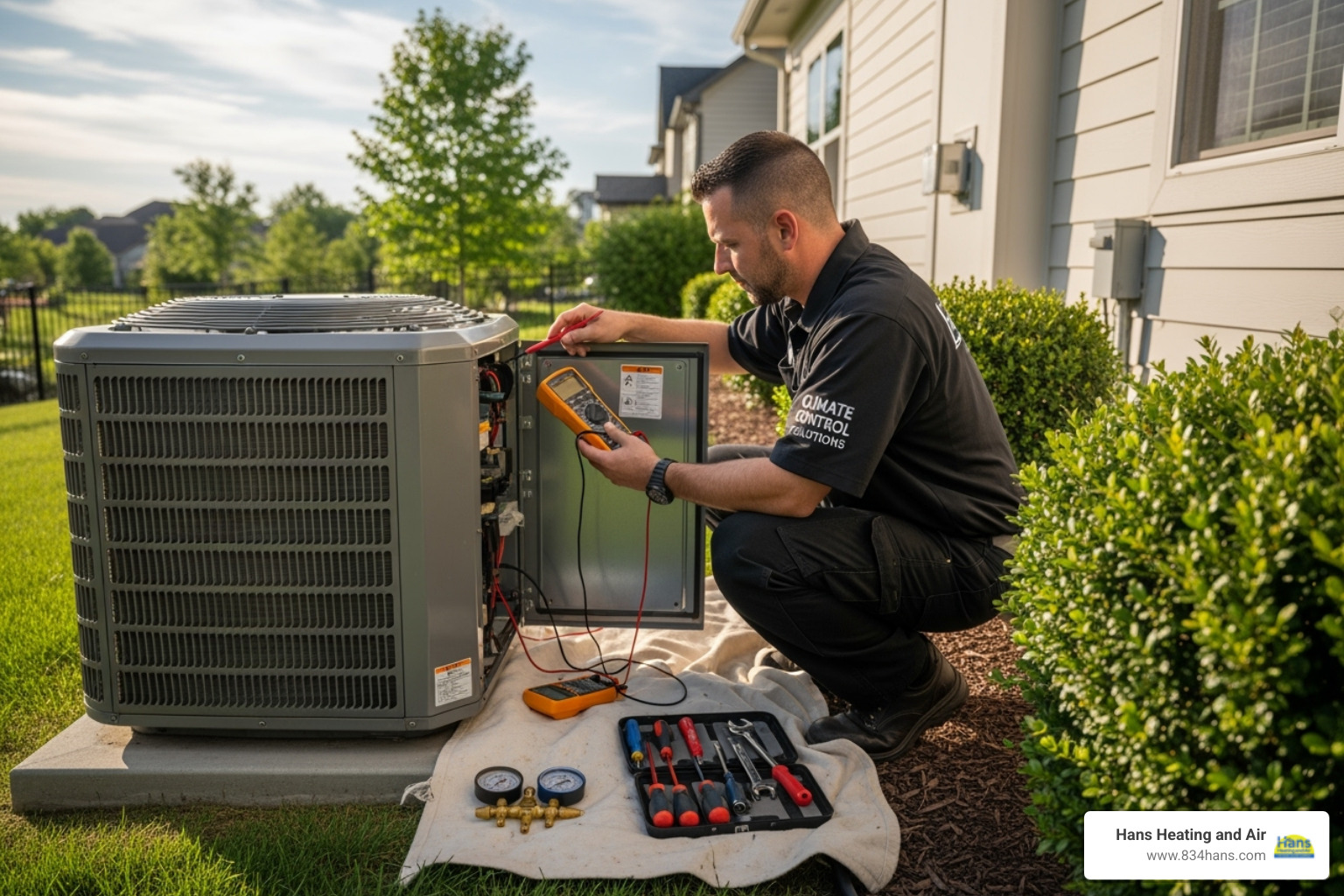 Professional technician diagnosing an outdoor AC unit - air conditioning repair montgomery al