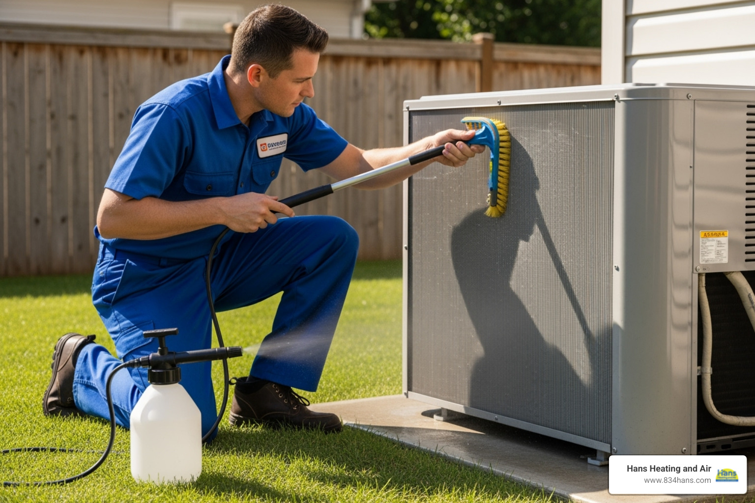 Technician cleaning an AC coil during a maintenance visit - air conditioning repair montgomery al