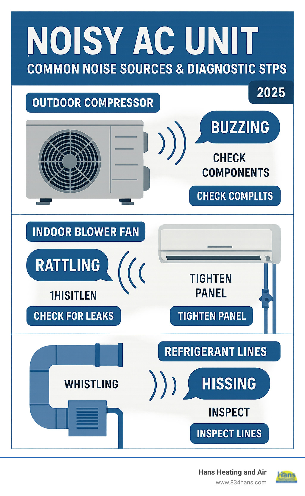 Infographic showing common AC noise sources including outdoor compressor unit with buzzing sounds, indoor blower fan with rattling noises, ductwork with whistling sounds, and refrigerant lines with hissing sounds, along with simple diagnostic steps - noisy AC unit infographic 