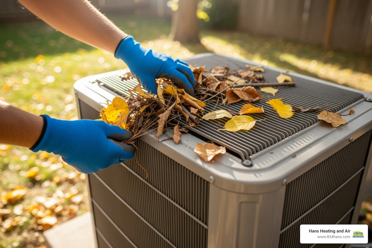 hands with gloves cleaning leaves from an outdoor AC unit - noisy AC unit