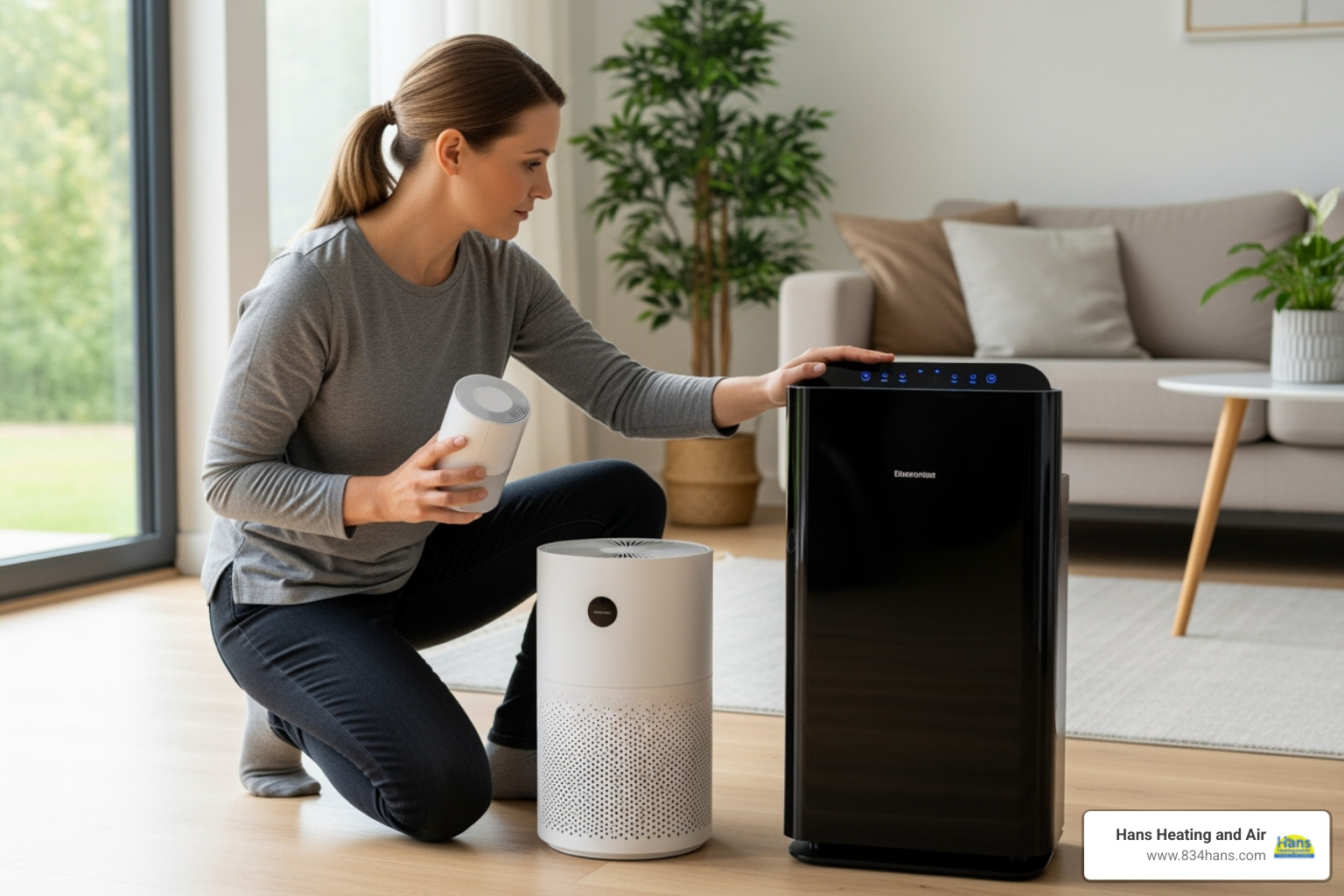 person comparing two different-sized air purifiers - air purifier for allergies