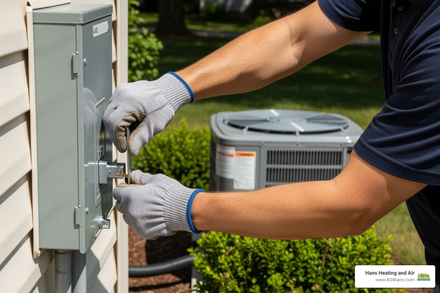 A homeowner safely turning off the power at the disconnect box - AC fan repair