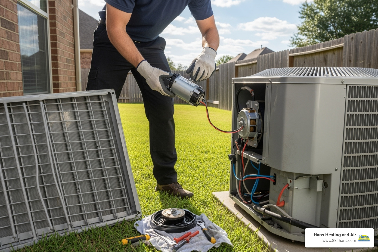 A technician replacing an AC fan motor - AC fan repair