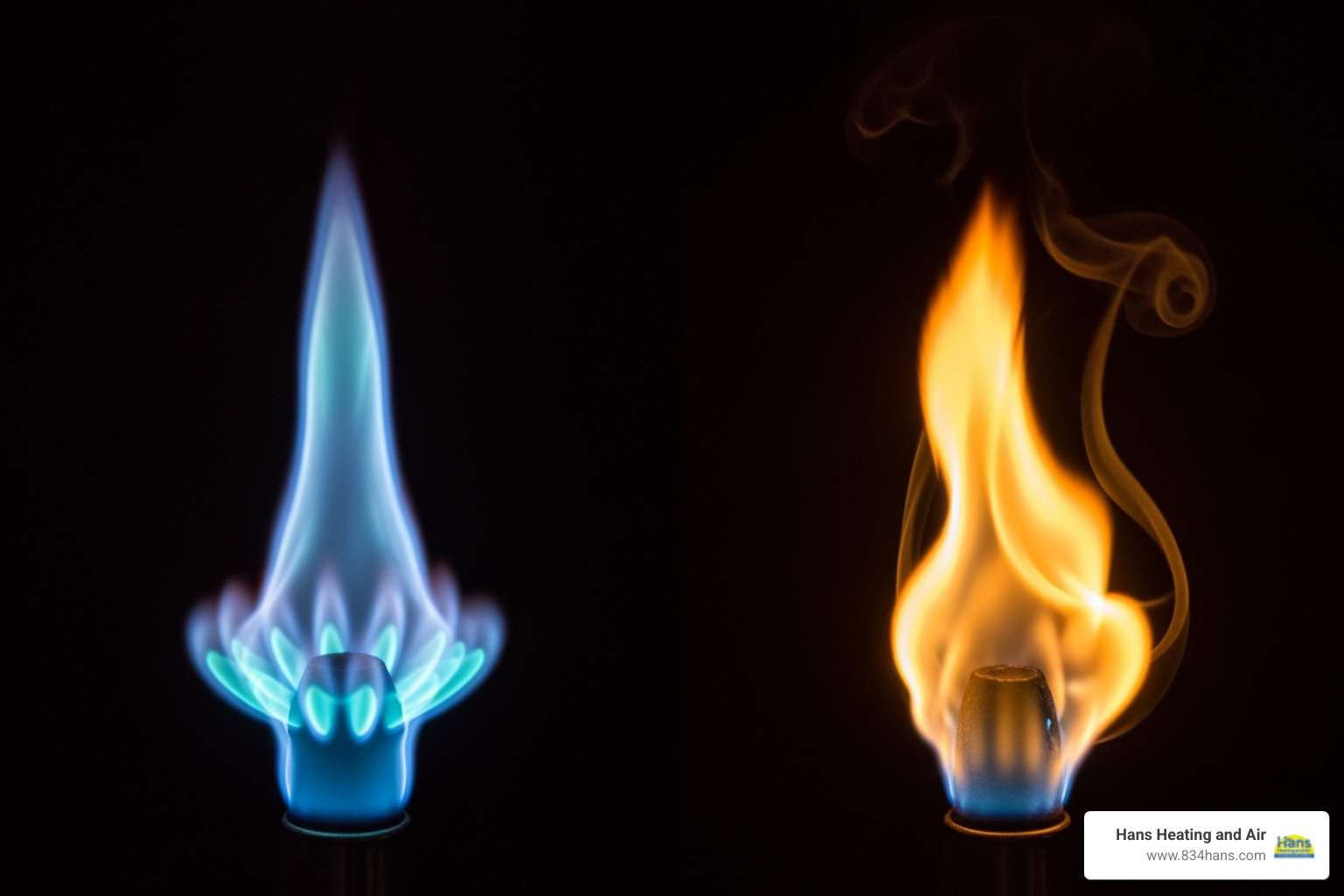 Image comparing a healthy blue flame to a weak, yellow/orange flame - Furnace pilot light