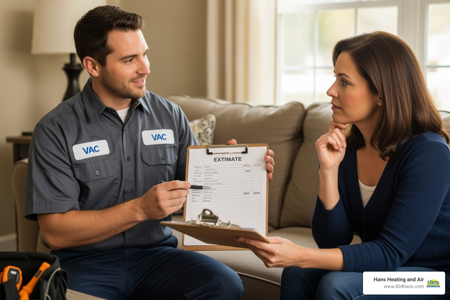 Technician providing a written estimate to a homeowner - furnace repair near me
