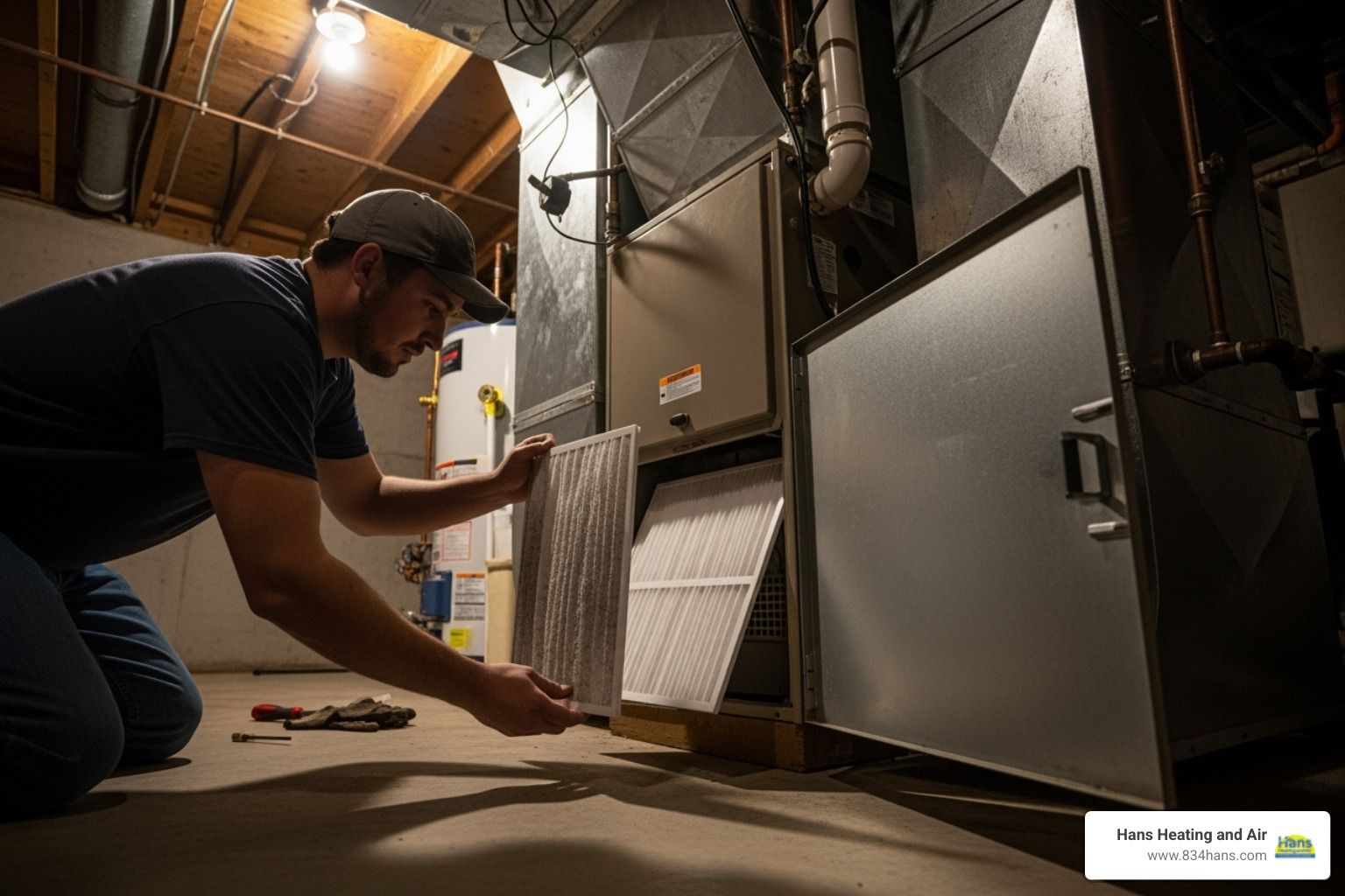 Homeowner changing a furnace air filter - furnace repair near me