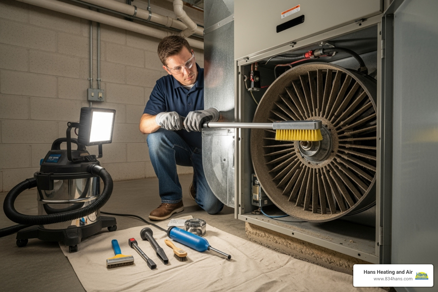 Technician carefully cleaning a furnace blower wheel - professional furnace cleaning
