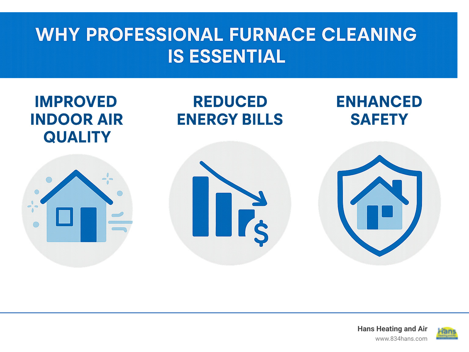 Infographic showing the top 3 benefits of professional furnace cleaning: improved indoor air quality with clean air particles flowing through a home, reduced energy bills with a downward trending cost graph, and improved safety with a shield icon protecting a house - professional furnace cleaning infographic 