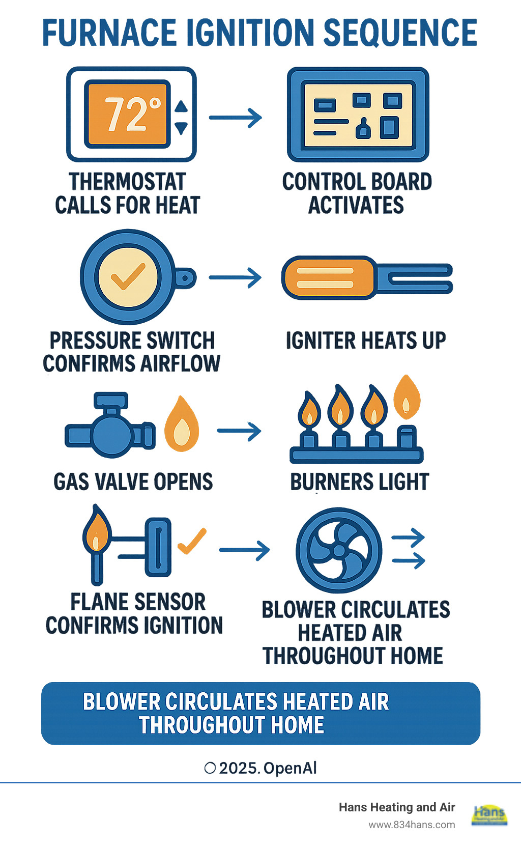 Detailed infographic showing the furnace ignition sequence: thermostat calls for heat, control board activates, inducer motor starts, pressure switch confirms airflow, igniter heats up, gas valve opens, burners light, flame sensor confirms ignition, blower circulates heated air throughout home - furnace not igniting infographic 