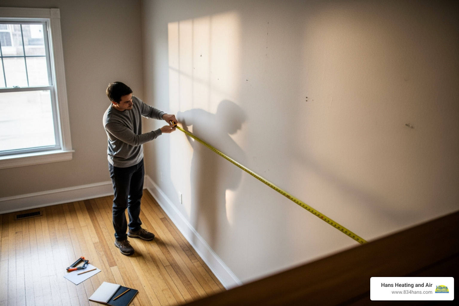 A person measuring a room with a tape measure - Mini split sizing calculator