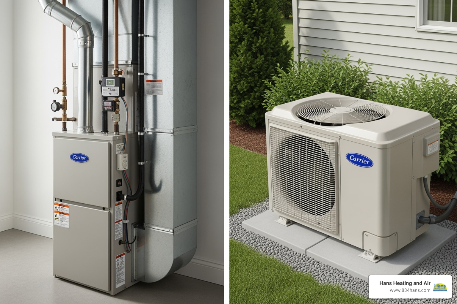 A side-by-side image of a modern furnace unit and an outdoor heat pump unit - heating repair montgomery al