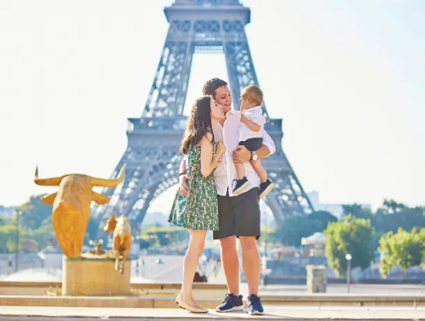 A family in front of the Eiffel Tower in Paris