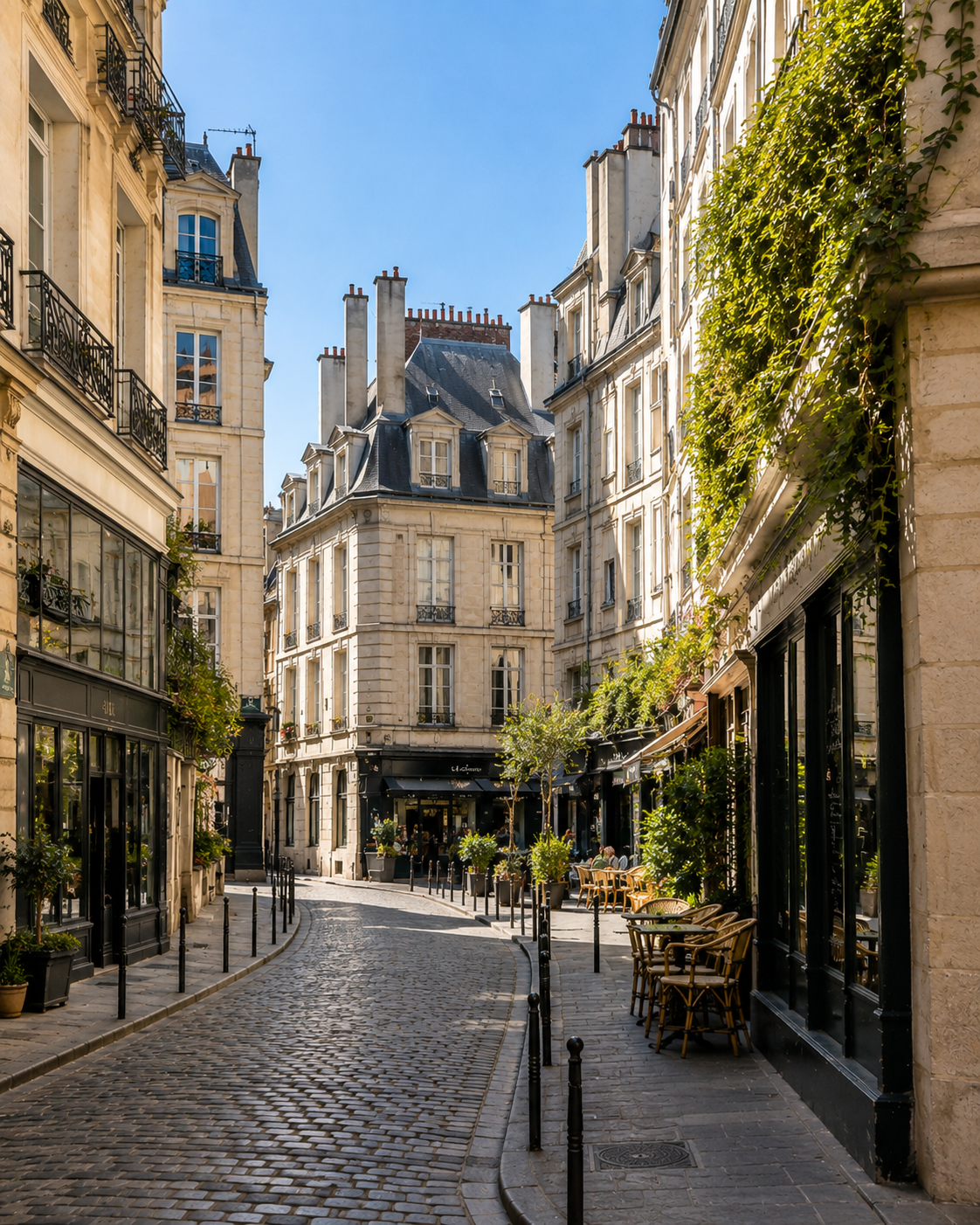 Elegant Haussmann courtyard in Le Marais district of Paris at golden hour