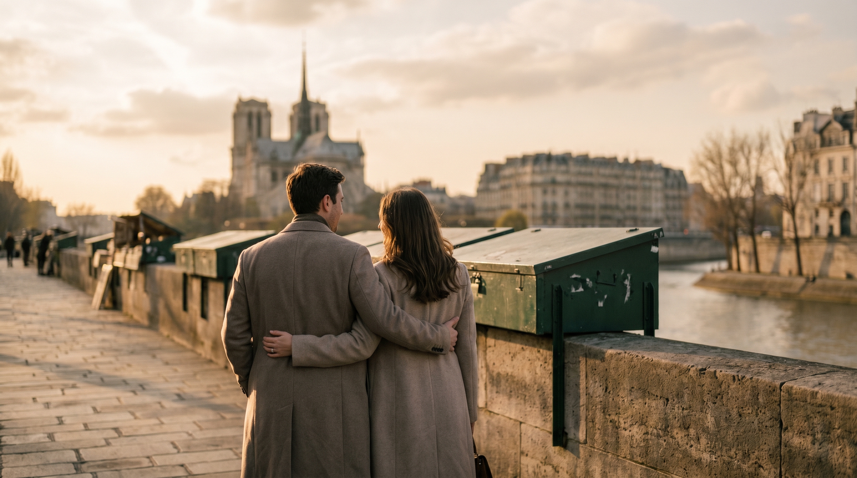 Balade romantique sur les quais de Seine à Paris à l'heure dorée