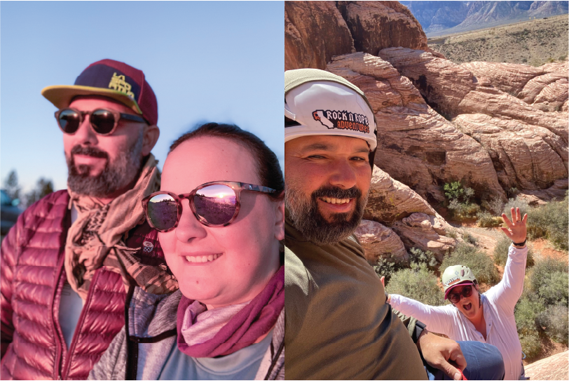 Two photos side by side: left, a man and woman wearing sunglasses and outdoor jackets smiling under clear blue sky; right, two people rock climbing on a red rock formation, one wearing a helmet and the other with a safety helmet and 'Rock N Rope Adventures' headband, smiling and waving.