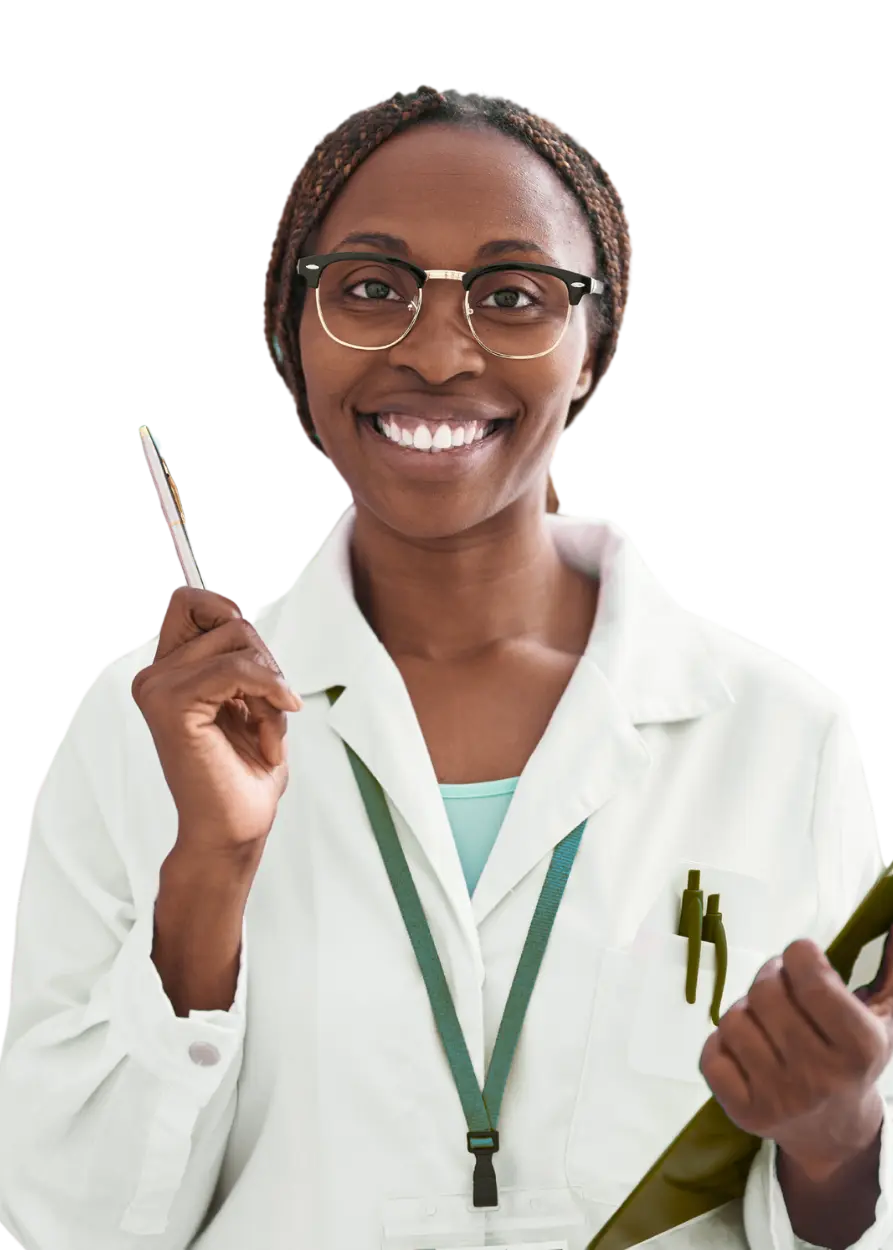 A pharmacist smiles; she has a positive demeanour and is holding a pen and a clipboard.