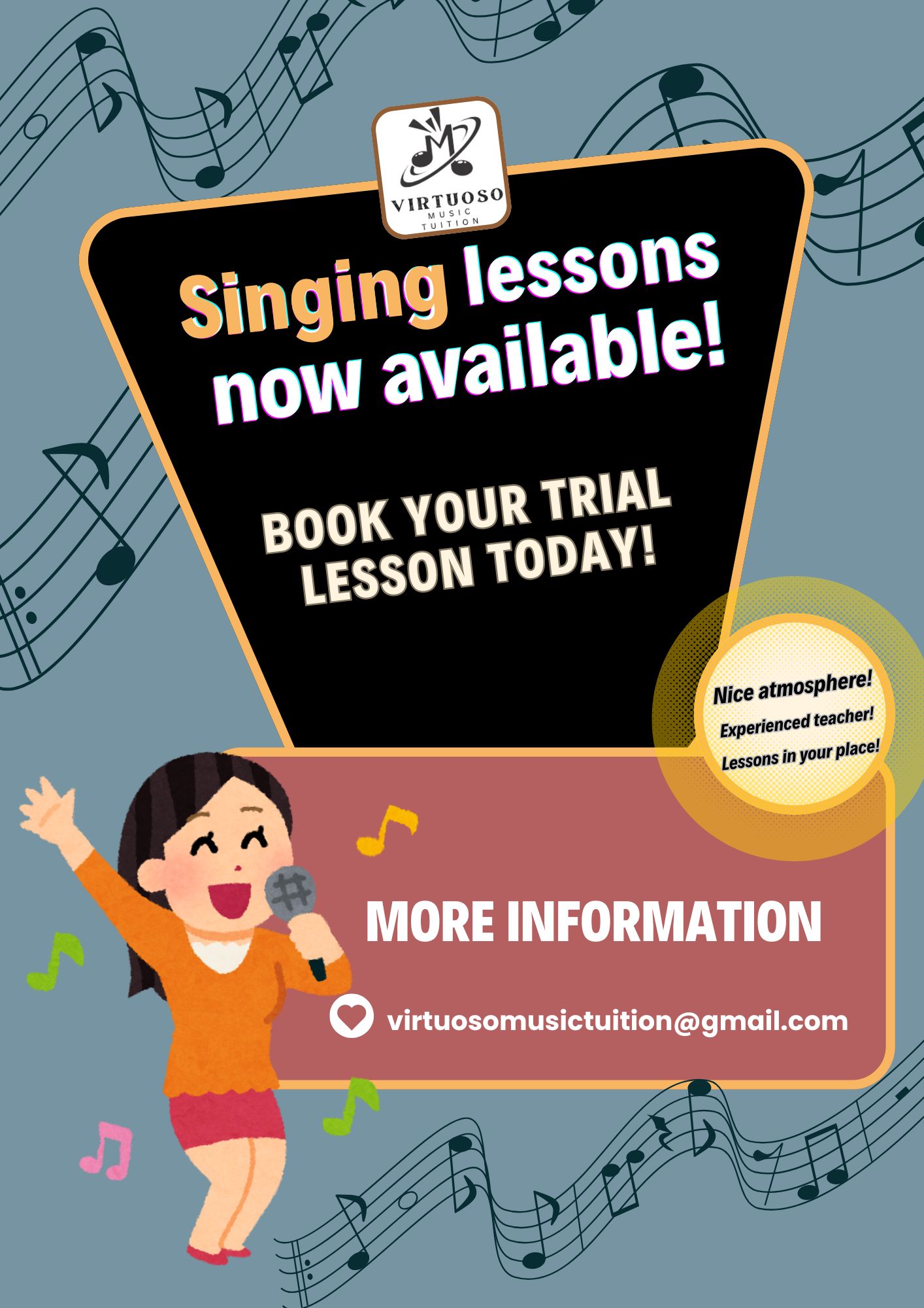 Flyer for singing lessons with a cartoon woman singing, music notes, contact email, and lesson details.
