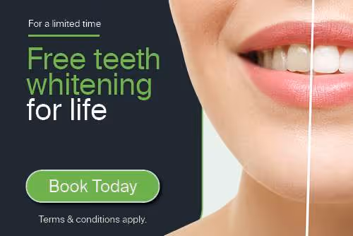 Smiling woman showing teeth with split showing whitening effect, text offers free teeth whitening for life.