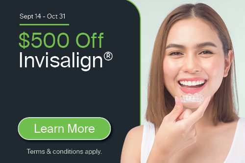 Smiling woman holding a clear Invisalign aligner with $1,000 off offer and Learn More button.