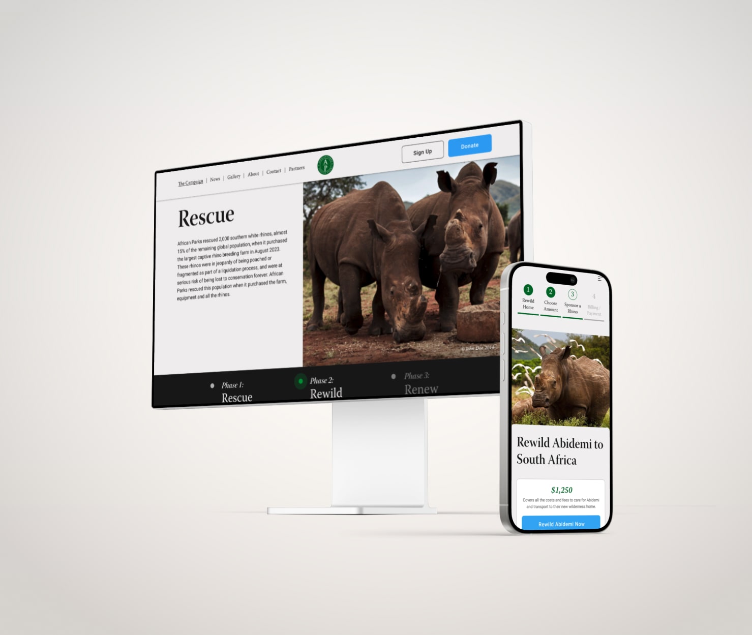 Cover images of Rhino Rewild website on mobile and desktop