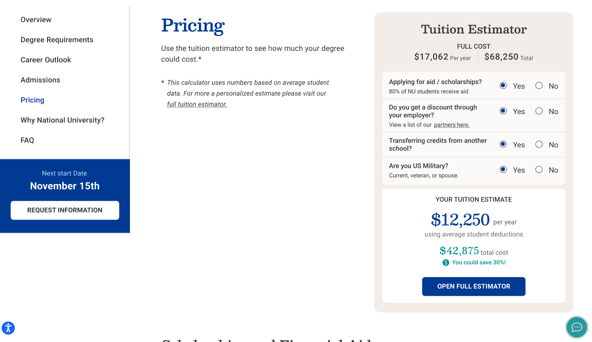 Image of the tuition calculator widget on the program pages