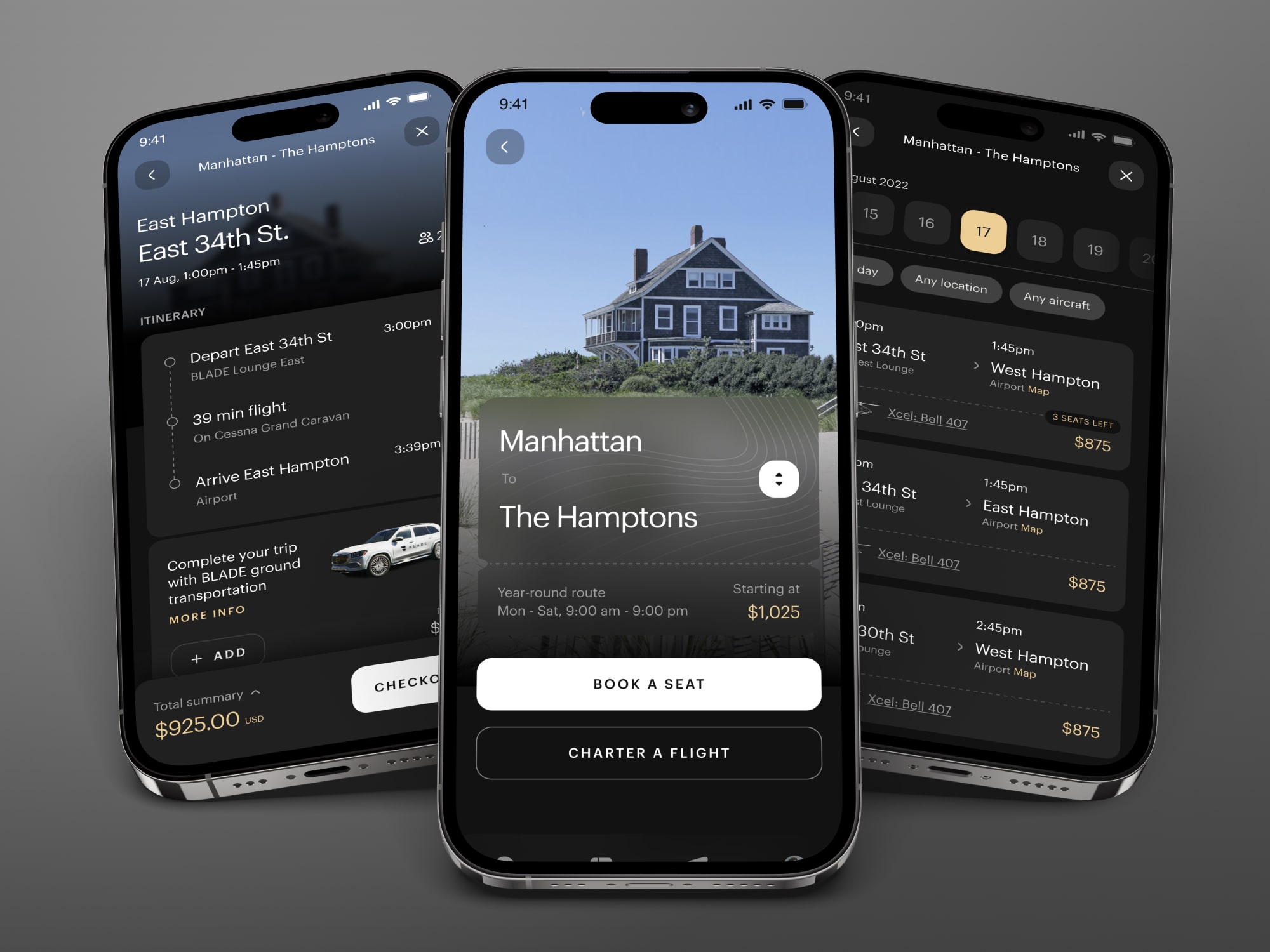 Images of BLADE app Hamptons booking flow